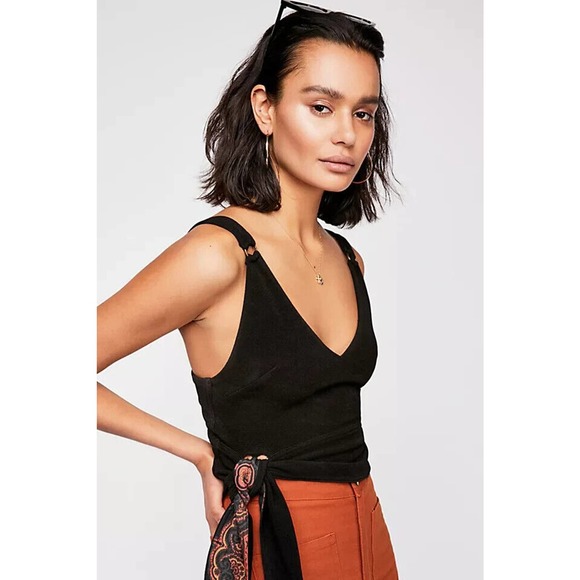 Free People Tops - Free People M Paisley Pop Cropped Top Black Sleeveless Side Tie Vneck Tank New